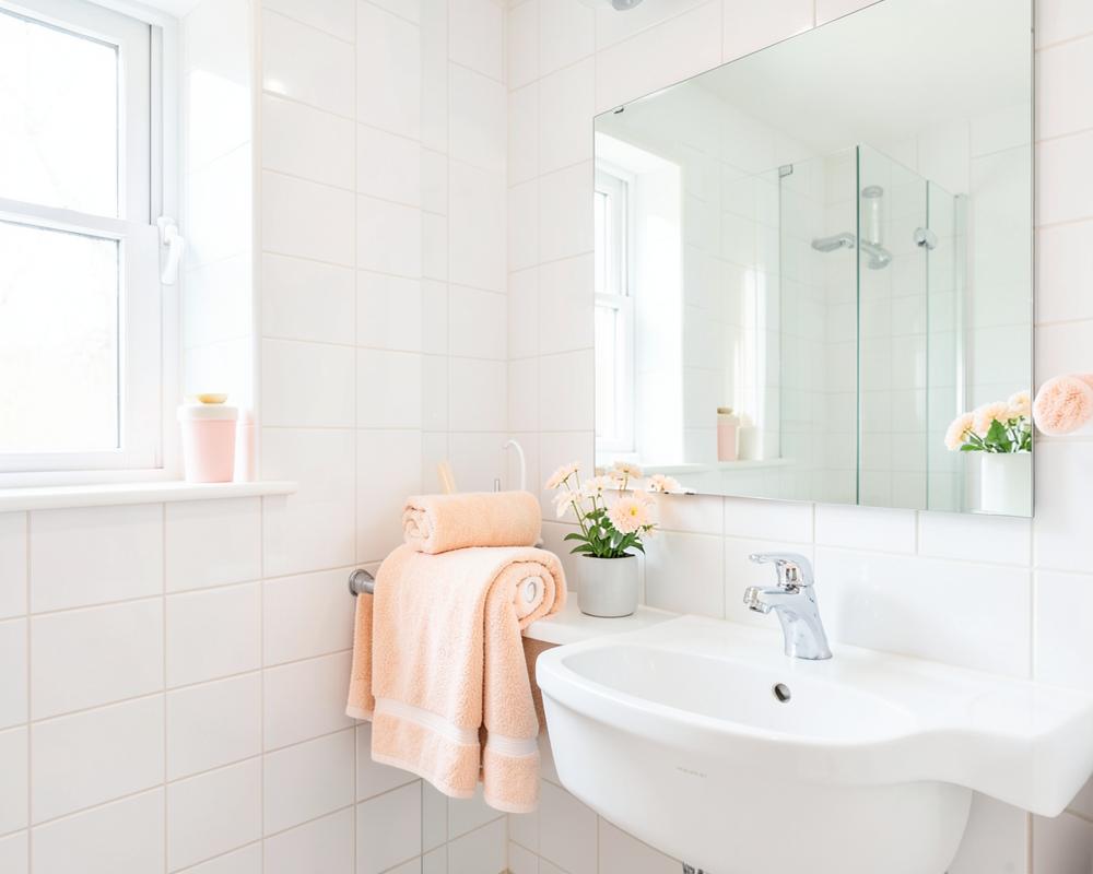 Sparkling clean bathroom with peach towels
