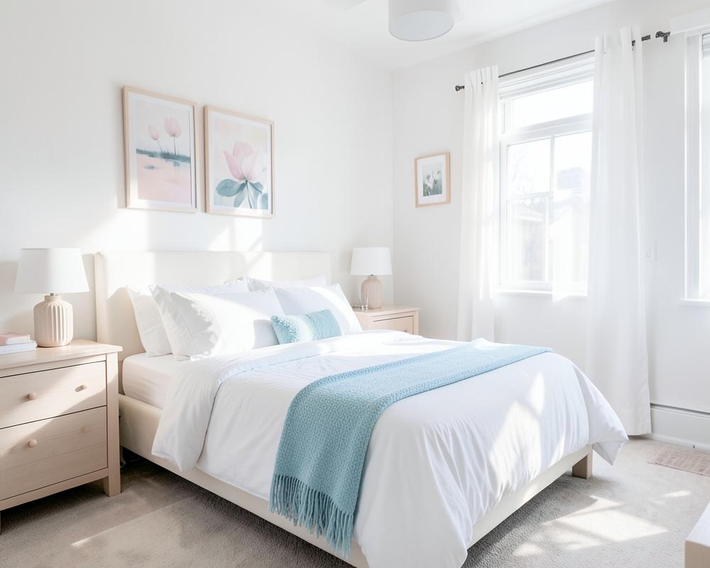 Neat bedroom with crisp white bedding